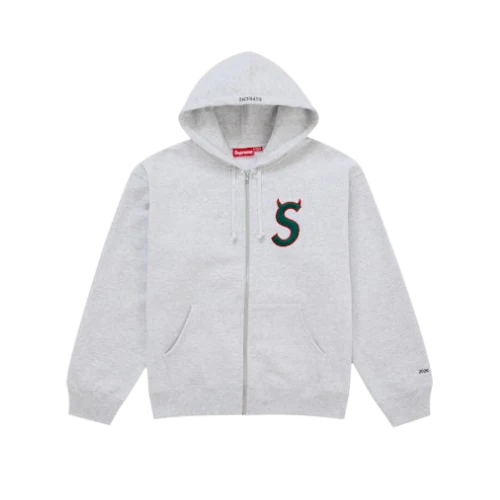 Supreme Devil S Logo Zip Up Hooded Sweatshirt Ash Grey